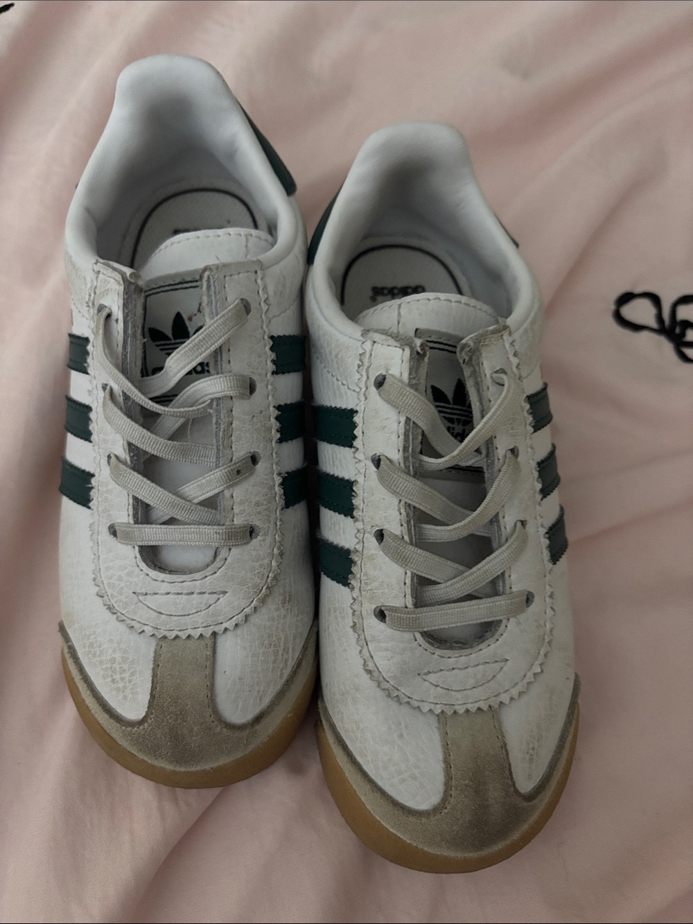 adidas Kids White Sneakers with Dark Green Stripes
